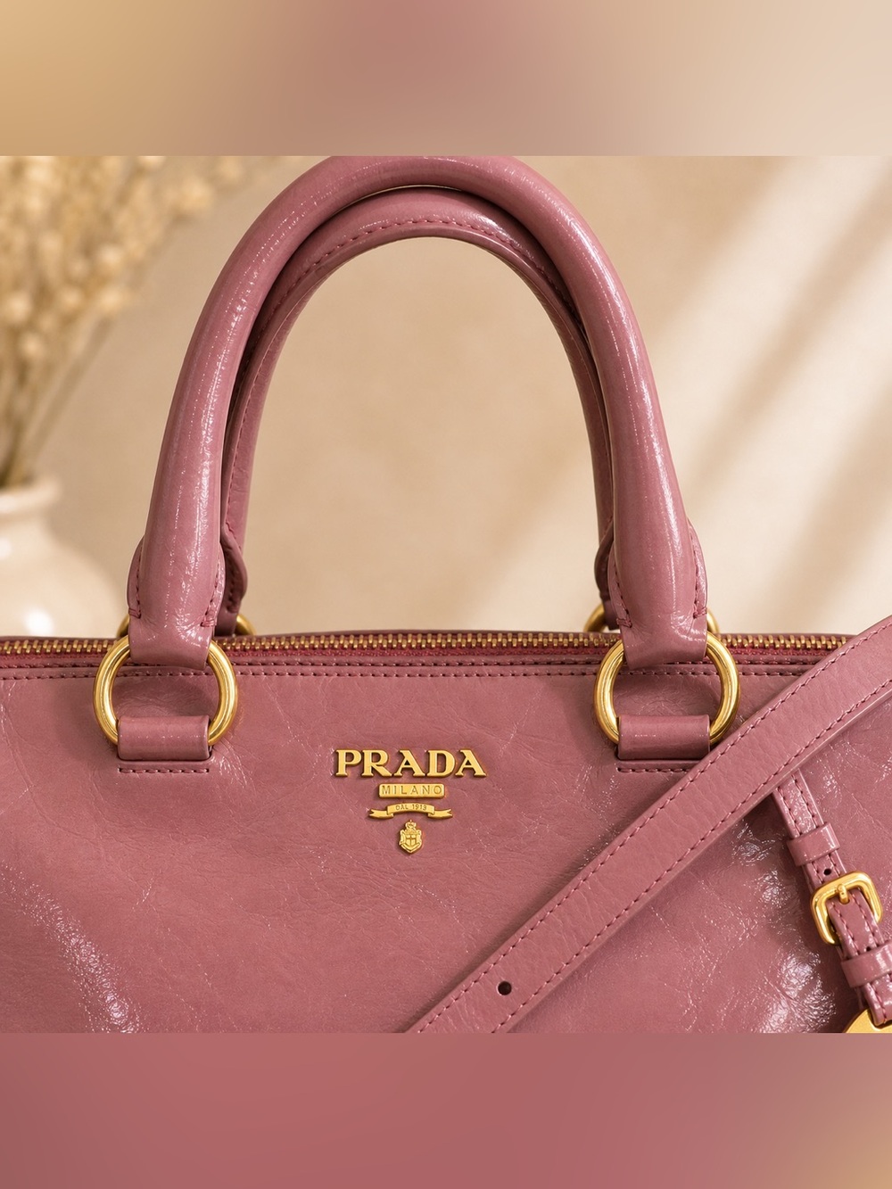 Prada Vitello Shine Leather Satchel Antique Pink Shoulder Handbag - Picture 3 of 15